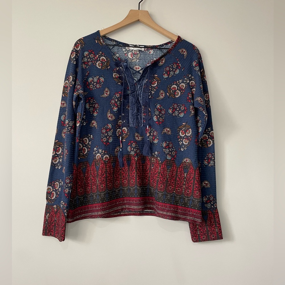 Vintage X America boho waffle knit paisley lace up front long sleeve Top large